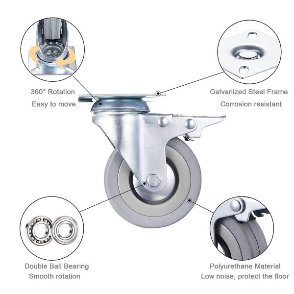 3 Ruedas para Muebles, 50 MM, 2 con Freno y 1 sin Freno, Carga hasta 100 Kg, Ruedas de Transporte, Ruedas Giratorias en 360°, sin Ruido, Gris Embalaje Deteriorado on Sale